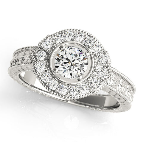 Platinum Round Halo Diamond Ring with Milgrain Bezel and Prong Setting 1