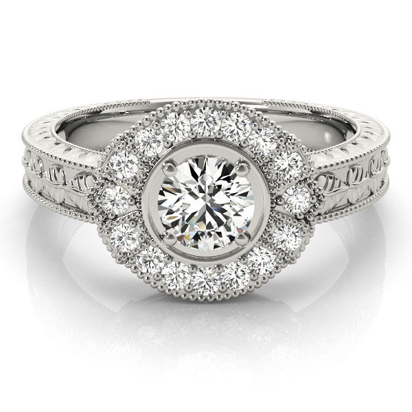 Platinum Round Halo Diamond Ring with Milgrain Bezel and Prong Setting 2