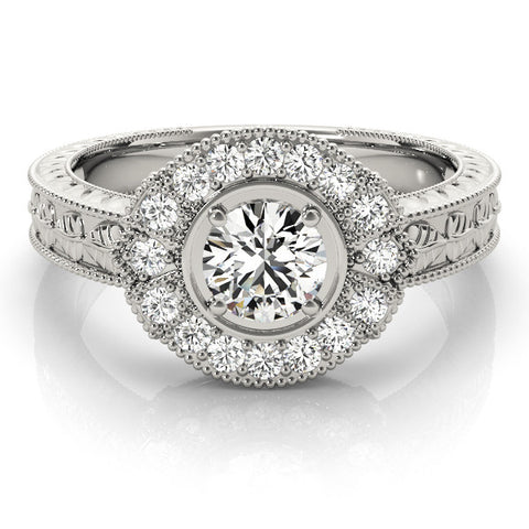 Platinum Round Halo Diamond Ring with Milgrain Bezel and Prong Setting 2