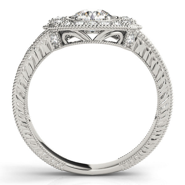 Platinum Round Halo Diamond Ring with Milgrain Bezel and Prong Setting