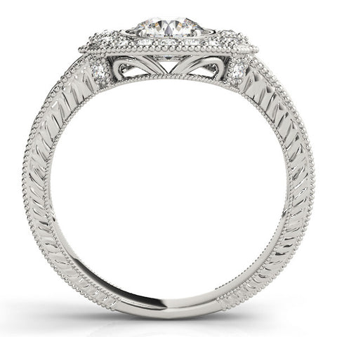 Platinum Round Halo Diamond Ring with Milgrain Bezel and Prong Setting