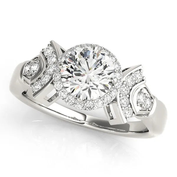 Platinum Round Halo Diamond Split Shank Engagement Ring with Four-Prong Setting