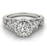 Platinum Round Halo Diamond Vintage Split Shank Ring with Milgrain Edge 1