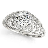 Platinum Round Halo Filigree Solitaire Diamond Ring with Milgrain Detailing