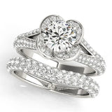Platinum Round Halo Floral Diamond Engagement Ring with Pave Split Shank and Four-Prong Setting 1