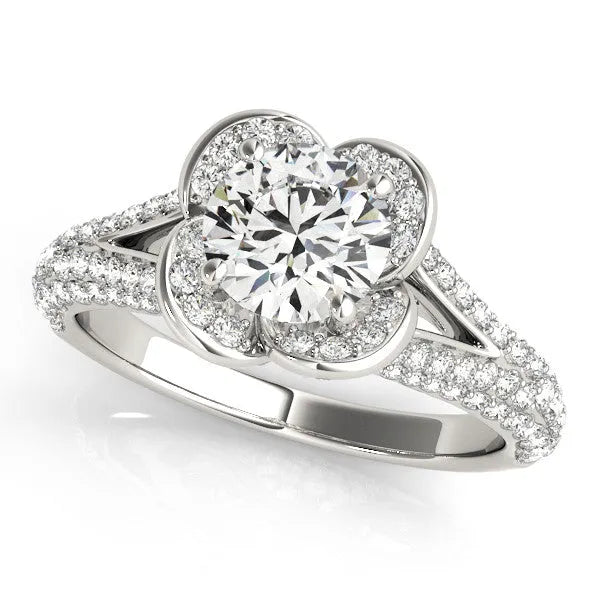 Platinum Round Halo Floral Diamond Engagement Ring with Pave Split Shank and Four-Prong Setting