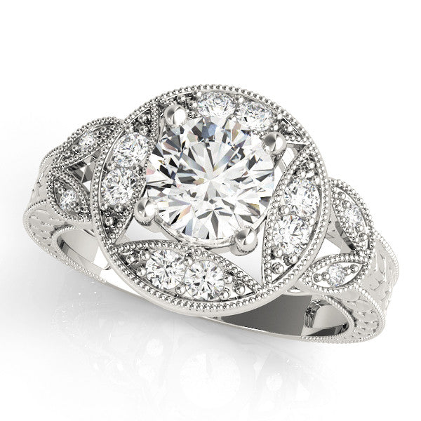Platinum Round Halo Milgrain Diamond Engagement Ring with Leaf Band and Four-Prong Setting 1