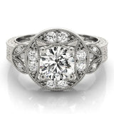 Platinum Round Halo Milgrain Diamond Engagement Ring with Leaf Band and Four-Prong Setting 1