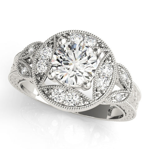 Platinum Round Halo Milgrain Diamond Engagement Ring with Leaf Band and Four-Prong Setting 1