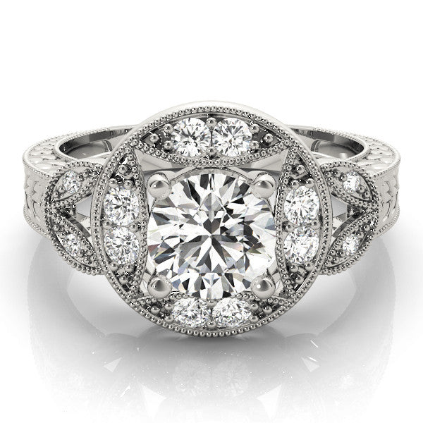 Platinum Round Halo Milgrain Diamond Engagement Ring with Leaf Band and Four-Prong Setting 2