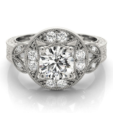 Platinum Round Halo Milgrain Diamond Engagement Ring with Leaf Band and Four-Prong Setting 2