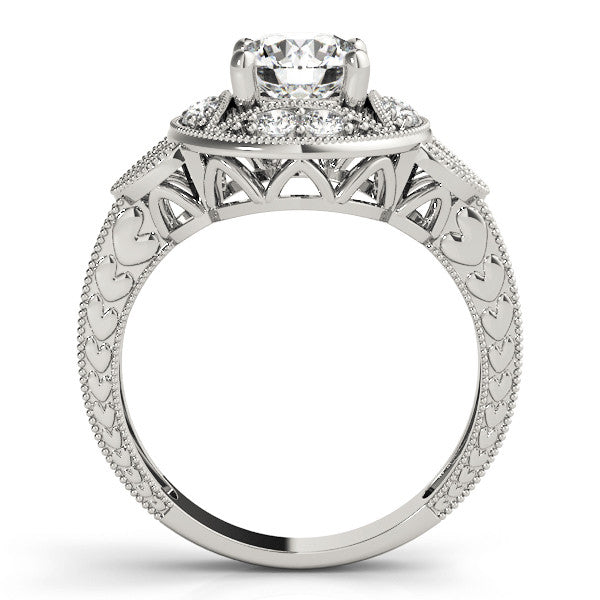 Platinum Round Halo Milgrain Diamond Engagement Ring with Leaf Band and Four-Prong Setting