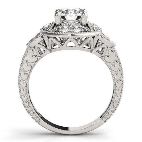 Platinum Round Halo Milgrain Diamond Engagement Ring with Leaf Band and Four-Prong Setting
