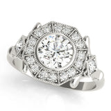 Platinum Round Halo Milgrain Diamond Ring with Split Shank and Bezel Setting