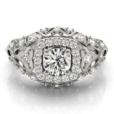 Platinum Round Halo Milgrain Pave Diamond Engagement Ring with Filigree Band and Four-Prong Setting 2