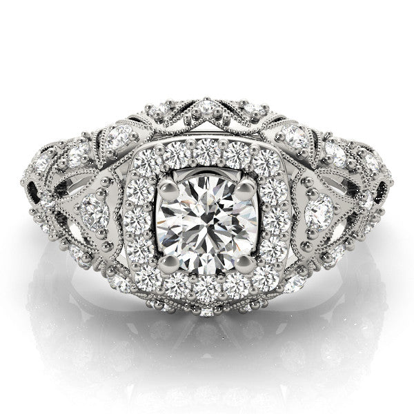 White gold Round Halo Milgrain Pave Diamond Engagement Ring with Filigree Band and Four-Prong Setting