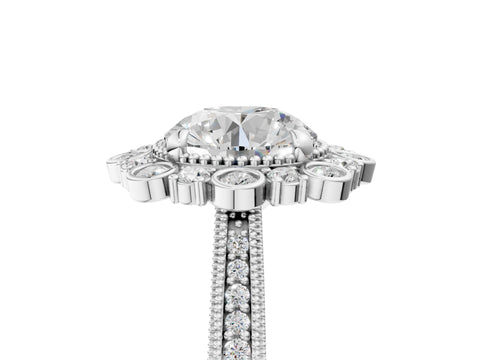 Platinum Round Halo Milgrain Pave Diamond Ring with Four-Prong Setting 5