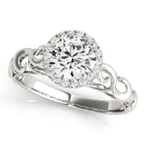 Platinum Round Halo Solitaire with Scrollwork Band and Four-Prong Setting