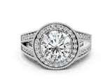 Platinum Round Halo Split Shank Diamond Ring with Milgrain Prong Setting_14