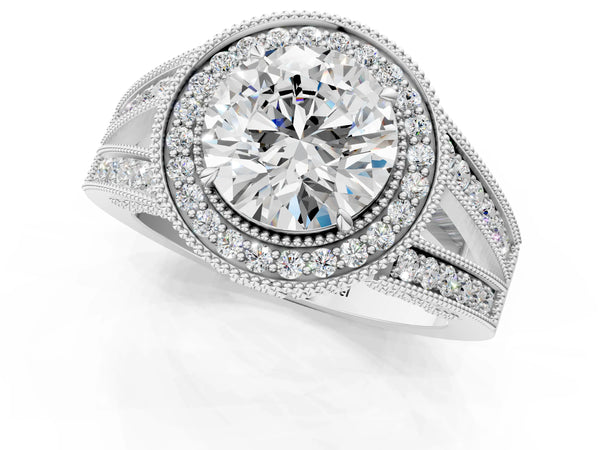 Platinum Round Vintage Milgrain Halo Engagement Ring Setting with Pave Split Shank