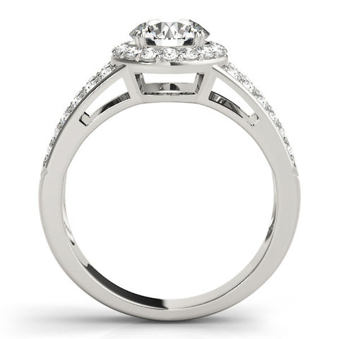 Platinum Round Halo Split Shank Diamond Ring with Pave Setting