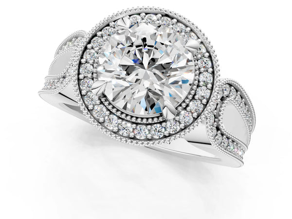 Platinum Round Vintage Milgrain Halo Engagement Ring Setting with Pave Loop Shoulders