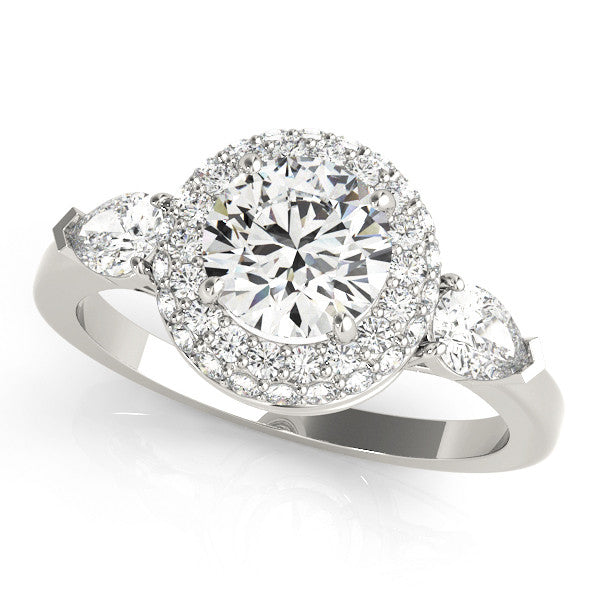 Platinum Round Halo Three-Stone Diamond Ring with Pear Side Stones and Four-Prong Setting 1