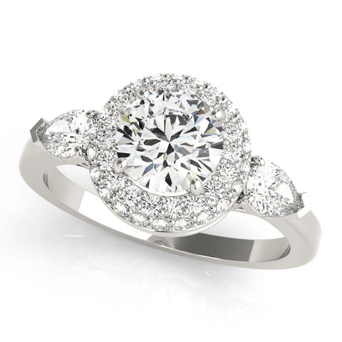 Platinum Round Halo Three-Stone Diamond Ring with Pear Side Stones and Four-Prong Setting 1