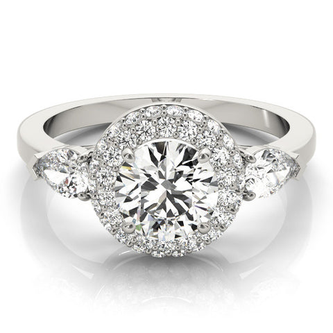 Platinum Round Halo Three-Stone Diamond Ring with Pear Side Stones and Four-Prong Setting 2