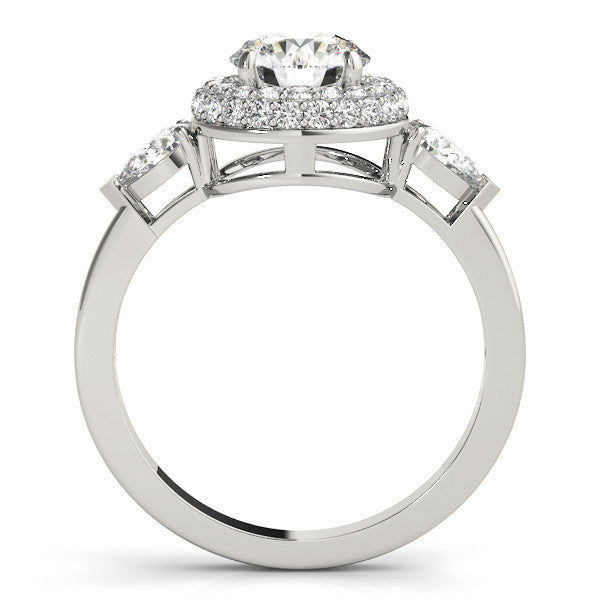 Platinum Round Halo Three-Stone Diamond Ring with Pear Side Stones and Four-Prong Setting