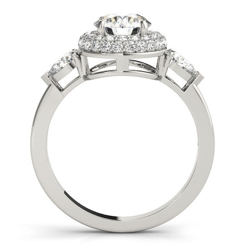 Platinum Round Halo Three-Stone Diamond Ring with Pear Side Stones and Four-Prong Setting