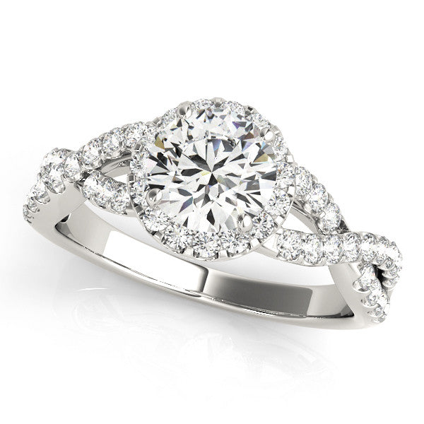 White gold Round Halo Twist Band Solitaire Ring with Four-Prong Setting