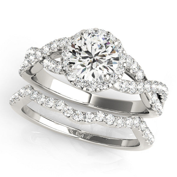 White gold Round Halo Twist Band Solitaire Ring with Four-Prong Setting