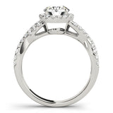 Platinum Round Halo Twist Band Solitaire Ring with Four-Prong Setting
