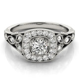Platinum Round Halo Vintage-Inspired Split Shank Ring with Milgrain Detailing 1
