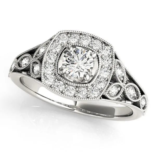 Platinum Round Halo Vintage-Inspired Split Shank Ring with Milgrain Detailing