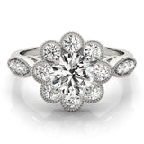 Platinum Round Milgrain Halo Floral Diamond Ring with Split Shank and Four-Prong Setting 1