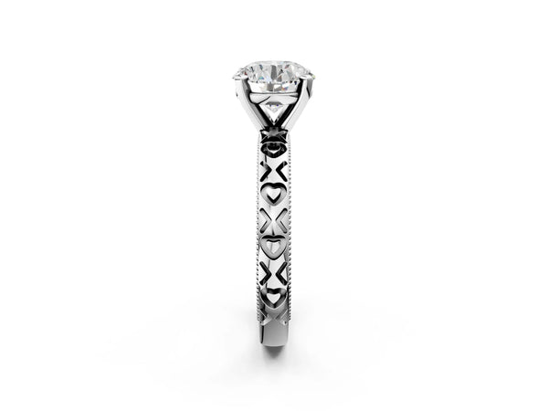 Platinum Round Solitaire Engagement Ring Setting with XO Engraved Band and Milgrain Edges