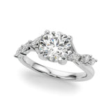 Platinum Round Solitaire Diamond Ring with Marquise Side Stones and Prong Setting on a Split Shank Band