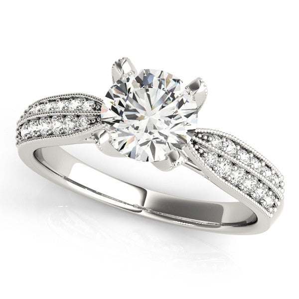 Platinum Round Solitaire Diamond Ring with Milgrain Pavé Band and Four-Prong Setting 1