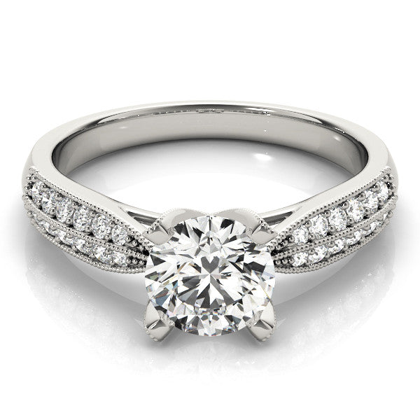 Platinum Round Solitaire Diamond Ring with Milgrain Pavé Band and Four-Prong Setting 2