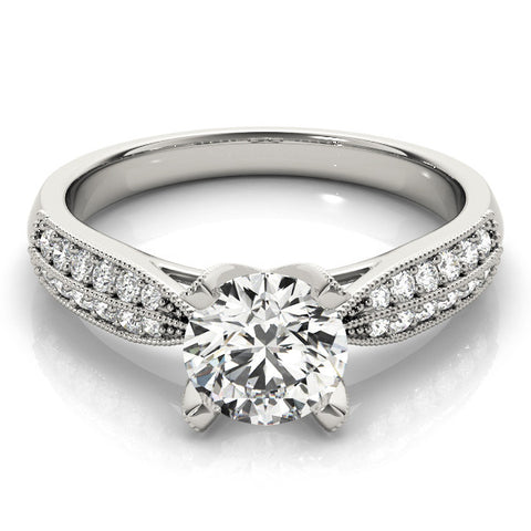 Platinum Round Solitaire Diamond Ring with Milgrain Pavé Band and Four-Prong Setting 2