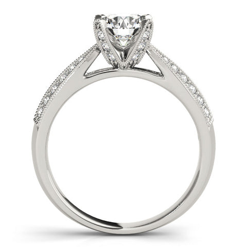 Platinum Round Solitaire Diamond Ring with Milgrain Pavé Band and Four-Prong Setting