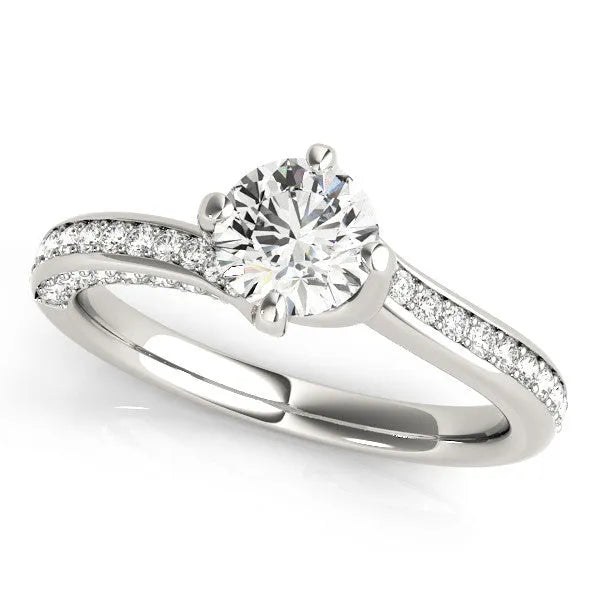 Platinum Round Solitaire Diamond Twist Band with Pavé Setting and Four-Prong Setting