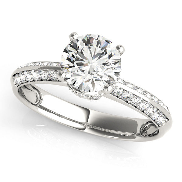 Platinum Round Solitaire Split Shank Pave Diamond Engagement Ring with Four-Prong Setting 1