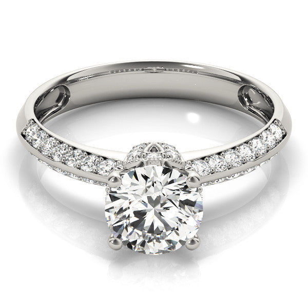 Platinum Round Solitaire Split Shank Pave Diamond Engagement Ring with Four-Prong Setting 2
