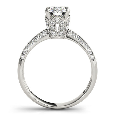 Platinum Round Solitaire Split Shank Pave Diamond Engagement Ring with Four-Prong Setting