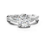 Platinum Round Solitaire Twisted Pave Diamond Ring with Four-Prong Setting