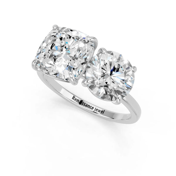 Platinum Round and Cushion Toi Moi Ring with Prong Setting and Plain Band