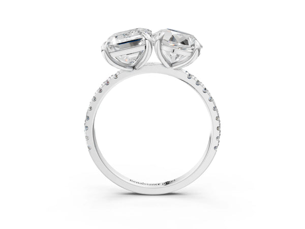 Platinum Round and Emerald Toi Moi Ring with Prong Setting and Micro Pave Band
